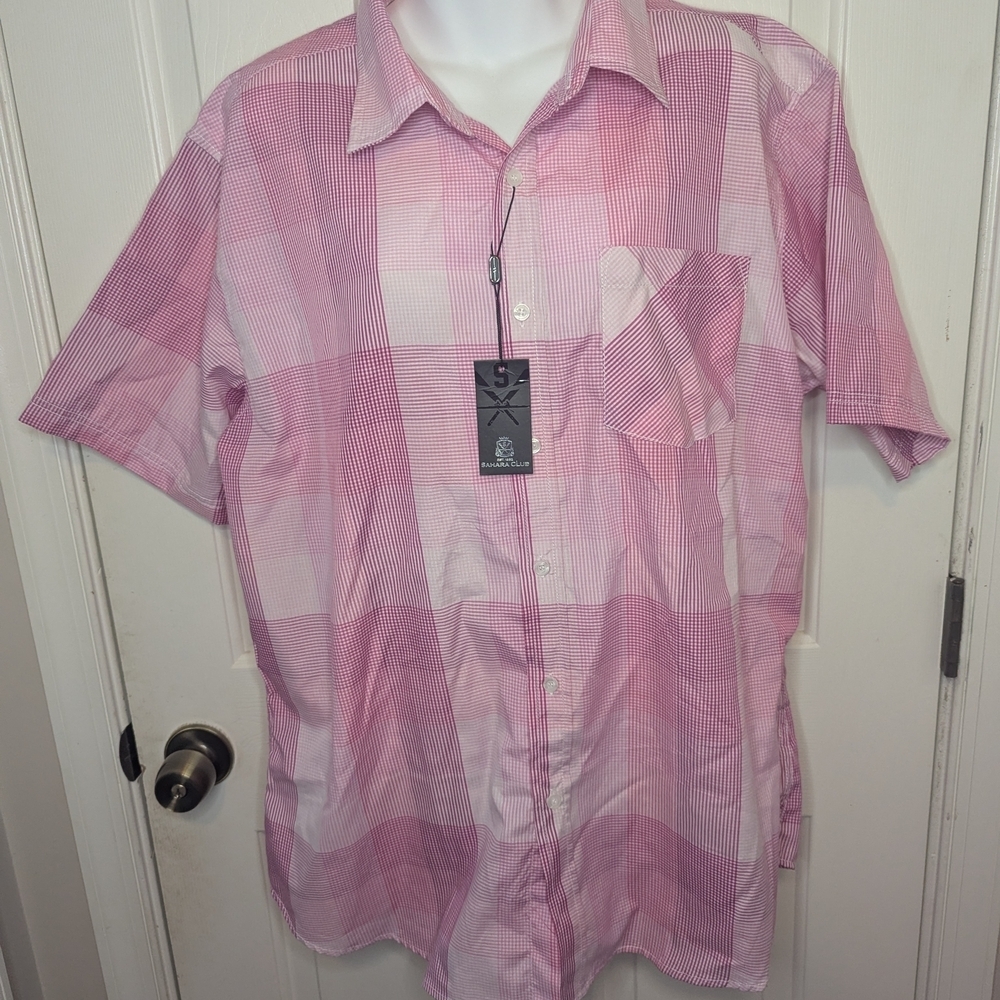Sahara Club Men's Woven Short Sleeve Pink Plaid Checkered Shirt Size XL